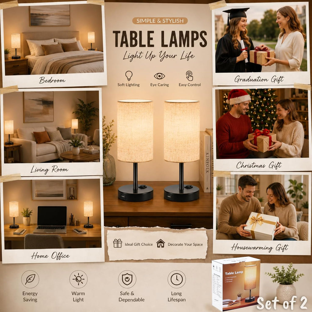 ZJOJO Table Lamp for Bedroom Set of 2, Bedside Small Lamps with 3 Way Dimmable Rocker Switch and AC Outlet, Nightstand Desk Lamp with…