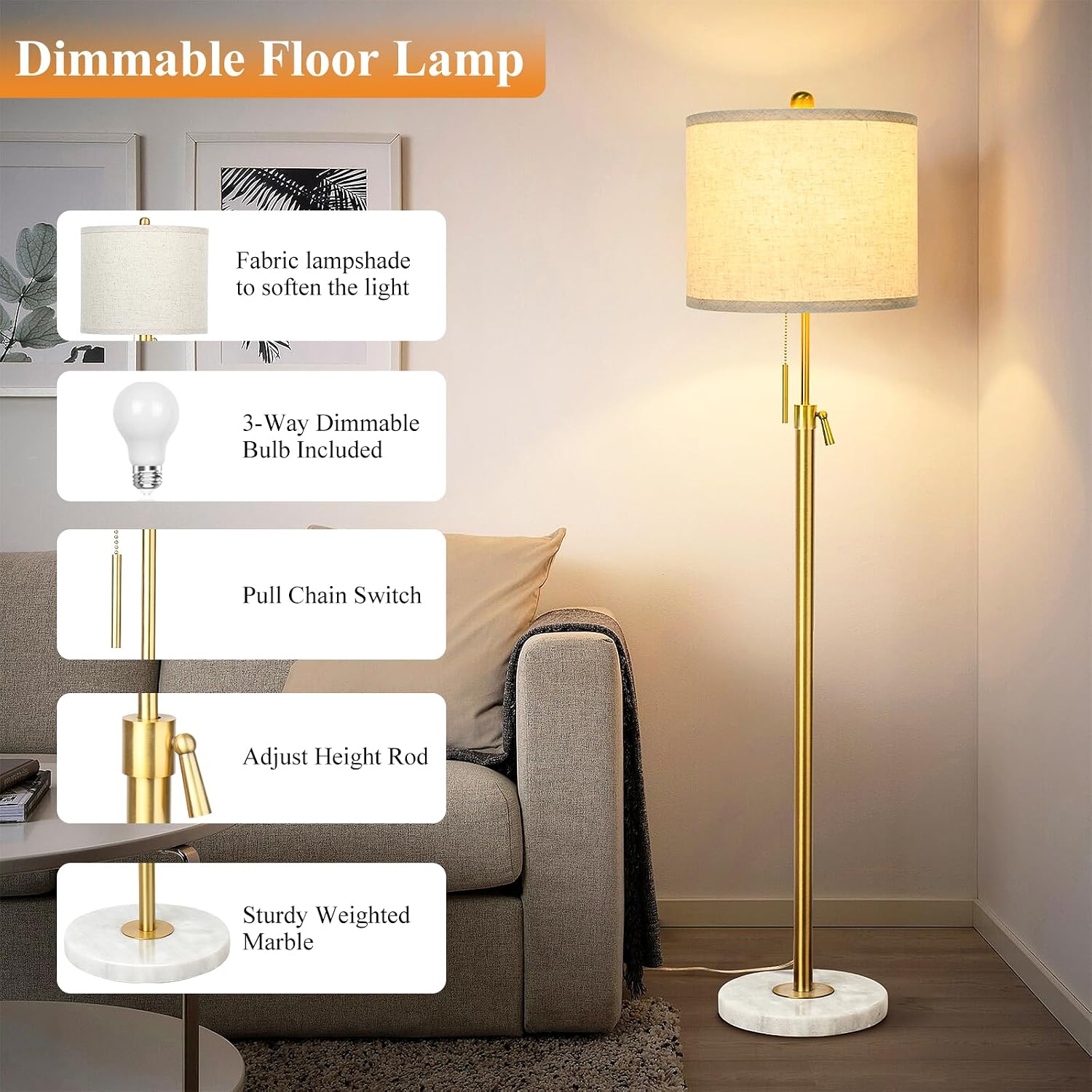Qingmiao Modern Floor Lamp for Living Room, Adjustable Height Standing Lamp with Marble Base, Gold Tall Pole Light with Linen Shade for…