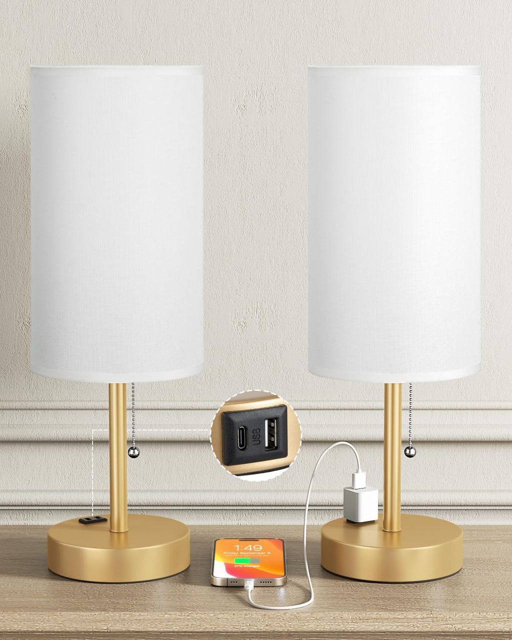 Fenmzee Plus Gold Bedside Lamps Set of 2-3 Color Temperatures Pull Chain Lamp with AC Outlet Charging Port, Round Night Stand Lamps for…