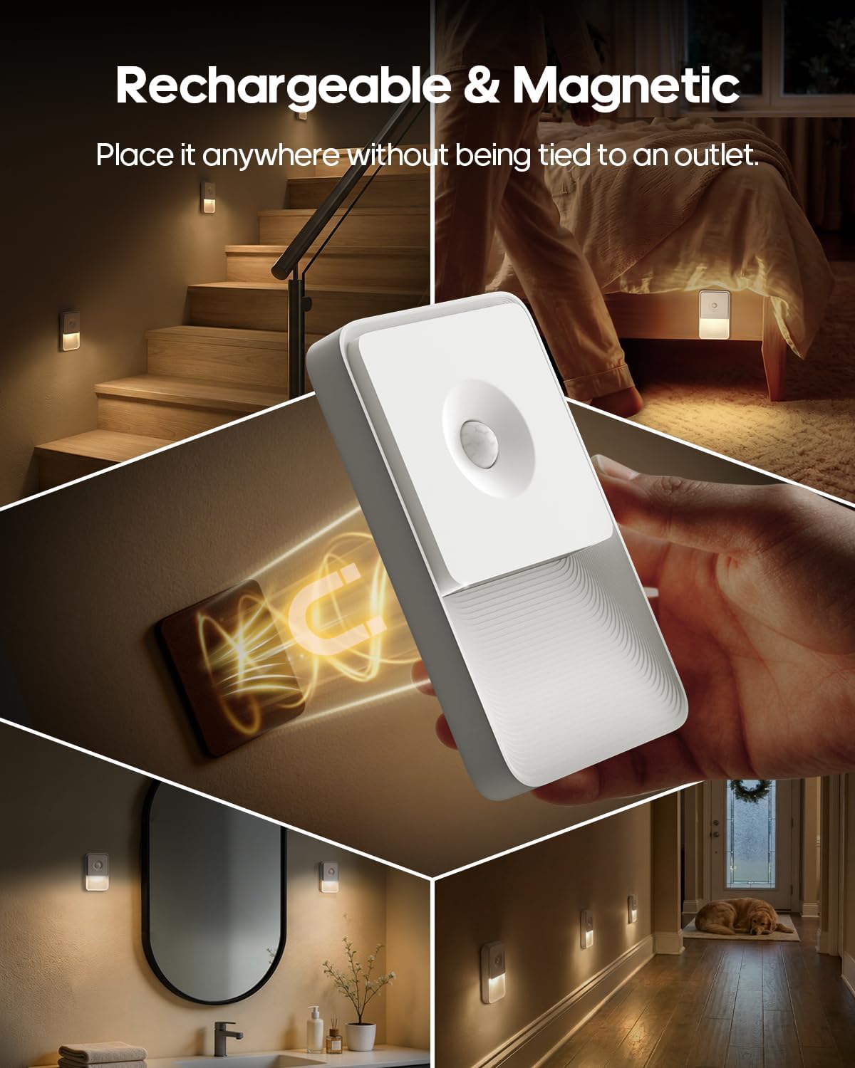 Goodea Rechargeable Motion Sensor Night Lights for Stairs, Magnetic Stair Lights Indoor, Warm Dimmable Night Light for Hallway, Bathroom, Bed…