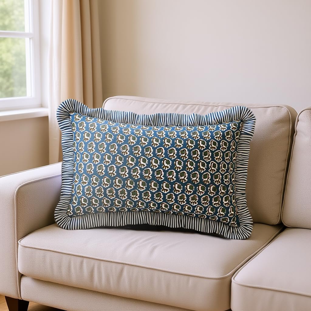 Ridhi Block Print Peacock Blue 20"x12" Set 1-100% Cotton Ruffle Lumbar Sham Cover Boho Floral Pillowcase, Farmhouse Cottagecore Bedding…