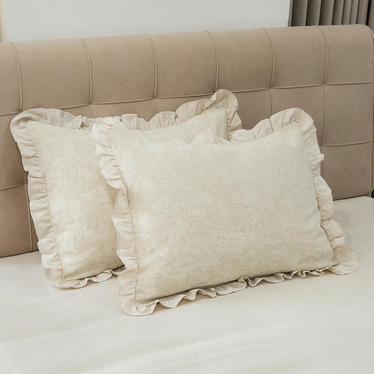 Pillow Shams Set of 2 Linen-Cotton Jacquard Fabric and Washed 100% Cotton Retro Ruffle Flounces Trim Solid Beige Decorative Pillow Cases…