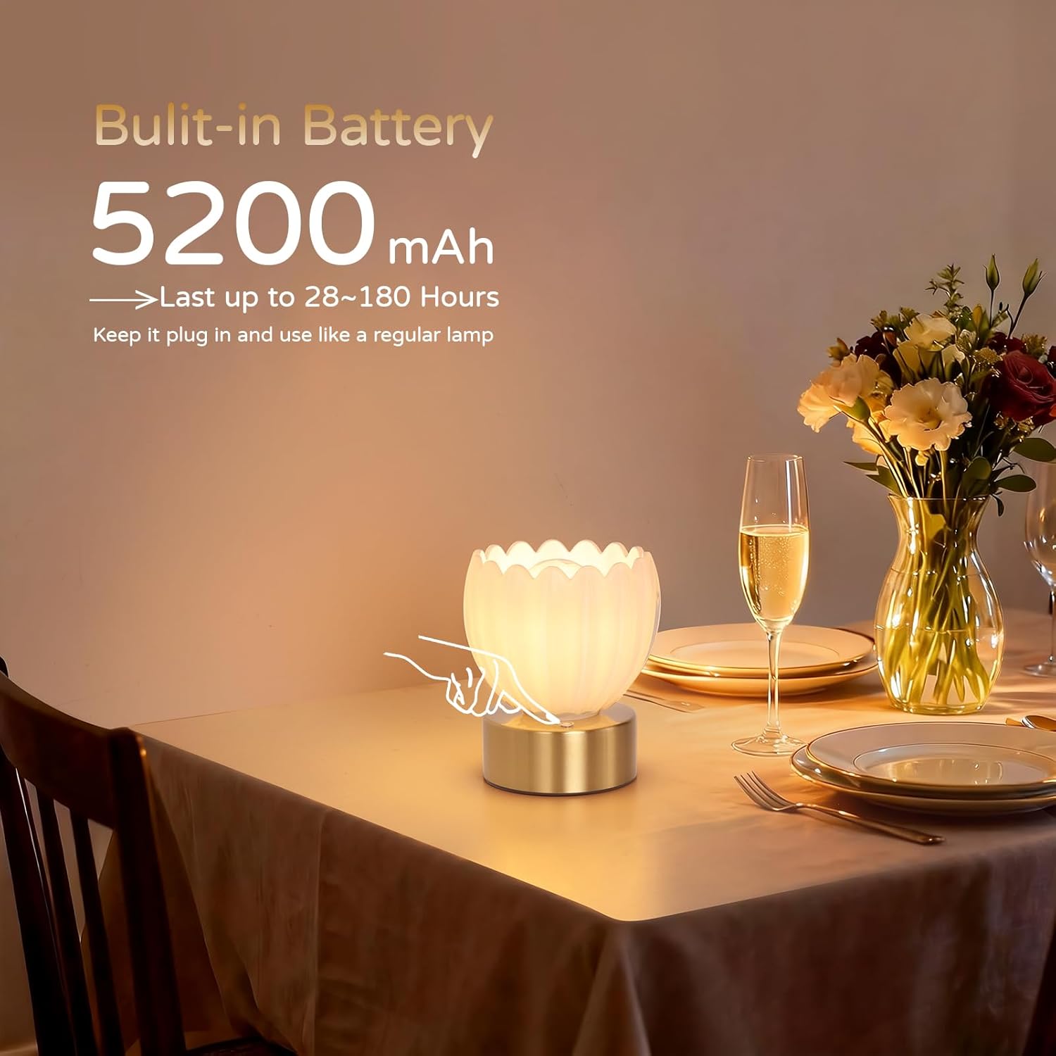 Shenmoyl Cordless Small Table Lamp with 5200mAh Battery & Touch Control, Battery Operated Tulip Table Lamp with 3 Colors, Rechargeable…