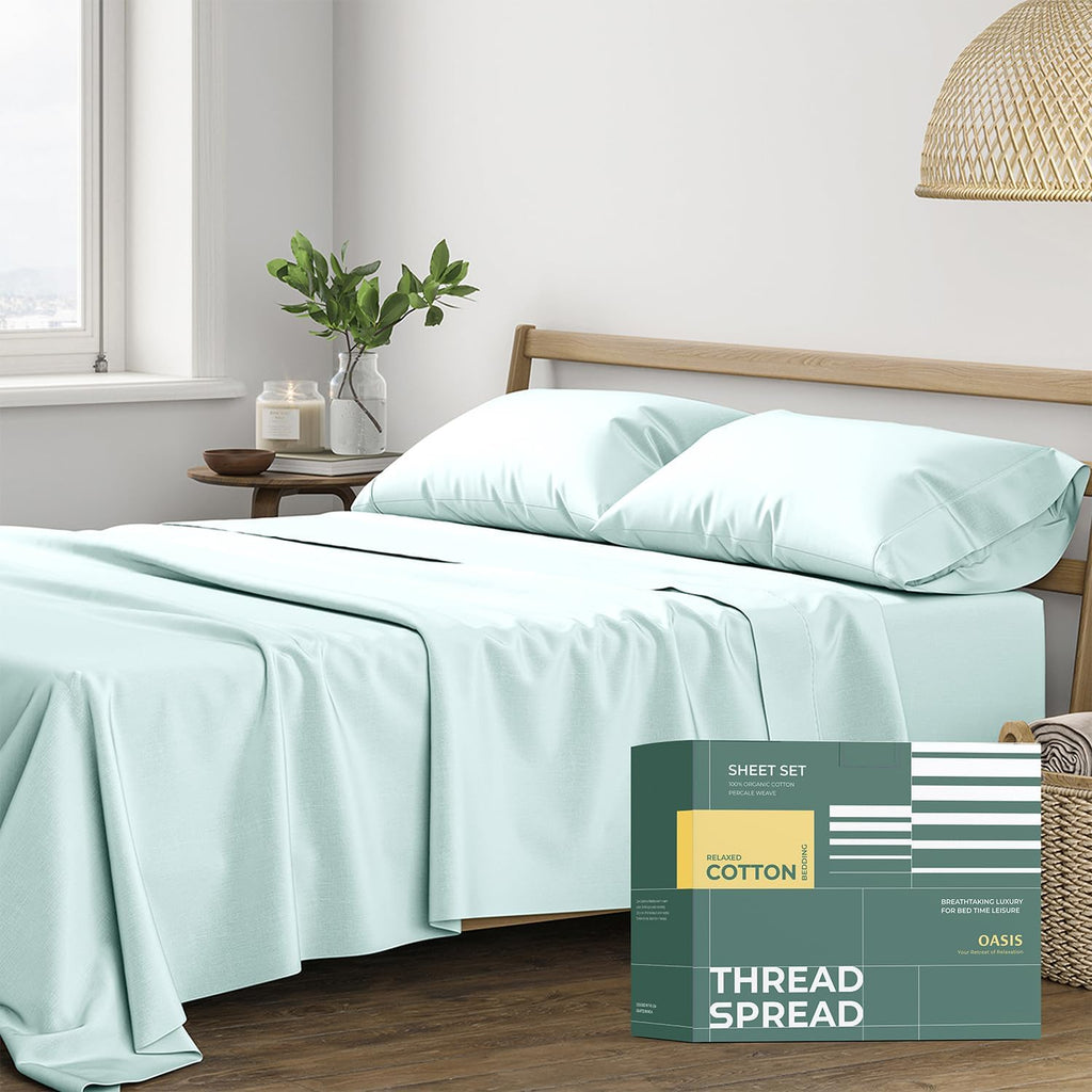 THREAD SPREAD 100% Organic Cotton Sheets California King Size - 4 PC Organic Cotton Cal King Size Percale Weave Sheet Set, Soft, Cooling…