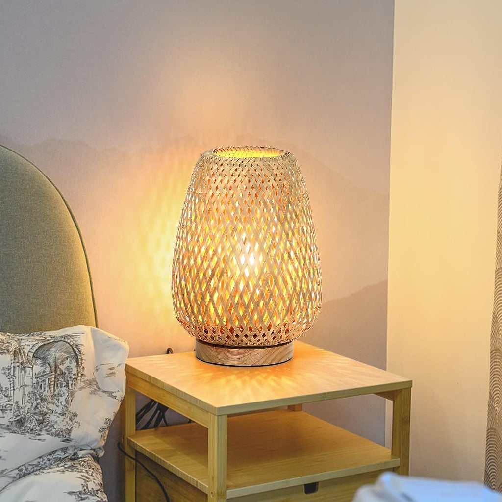 Brightever Rattan Table Lamp, Stepless Dimmable Small Beside Lamp, Vintage Wicker Wooden Nightstand Boho Bamboo Woven End Table Lamps for B…