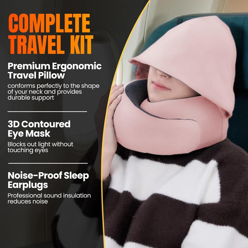 LOEXAIRTM Hooded Pro Travel Pillow - Memory Foam Neck Support Pillow for Airplane, Flight - Super-Soft Pure Cotton Fabric, Maximum Privacy…