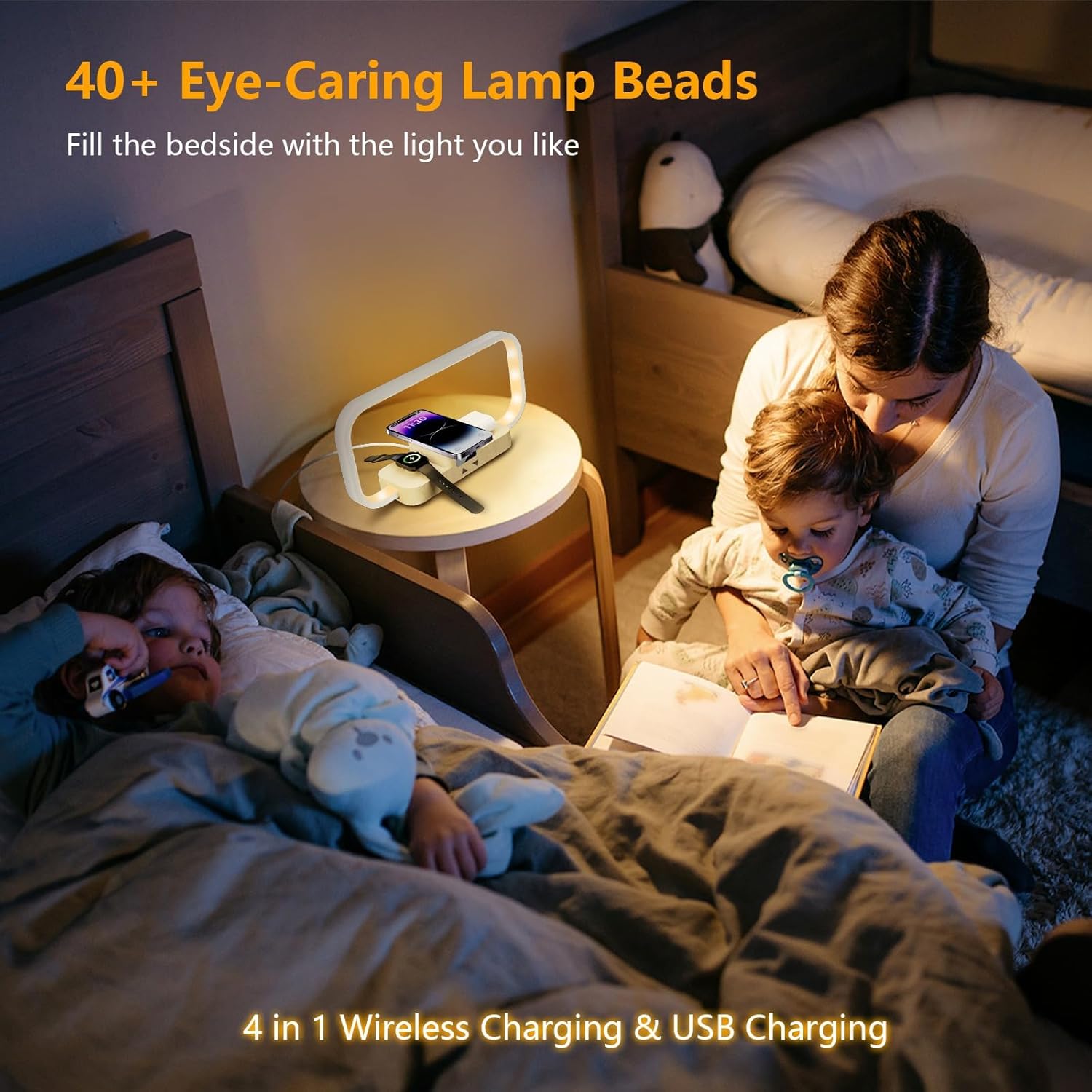 LED Bedside Lamp with Wireless Charger, 3-in-1 Touch Control Table Lamp with Clock, Dimmable Nightstand Lamp with 5 Color Modes, Modern…
