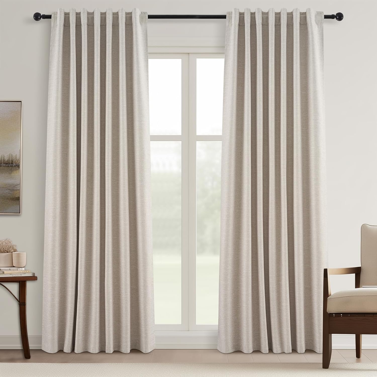 Topfinel 94 Inch Long Linen Blackout Curtains 2 Panel Set, Greige Natural Curtains for Living Room, Room Darkening Tab Top Noise Reduction…