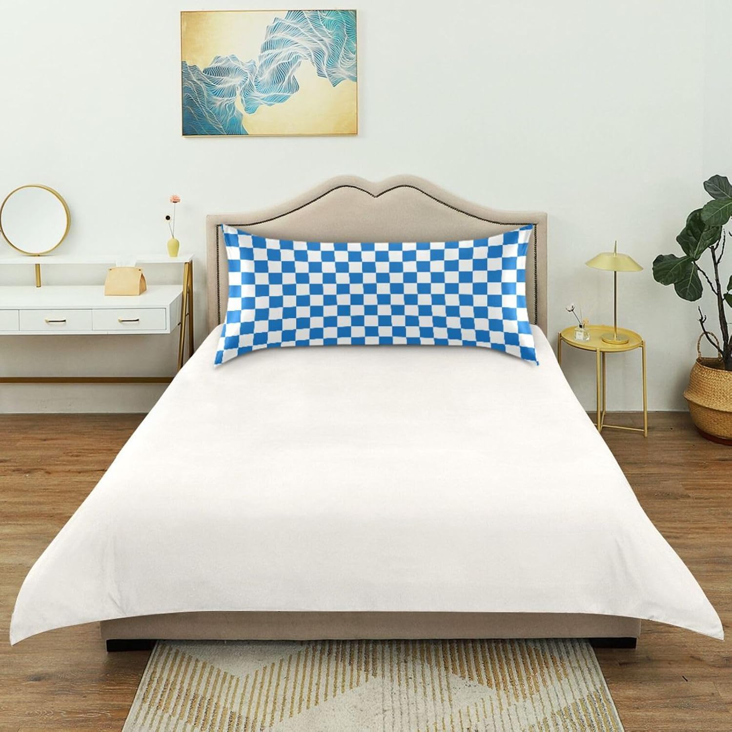 Checkerboard White Blue Plaid Print Pillow Covers Silk Pillowcase for Hair and Skin Soft Breathable Cooling Satin Pillowcase Standard…
