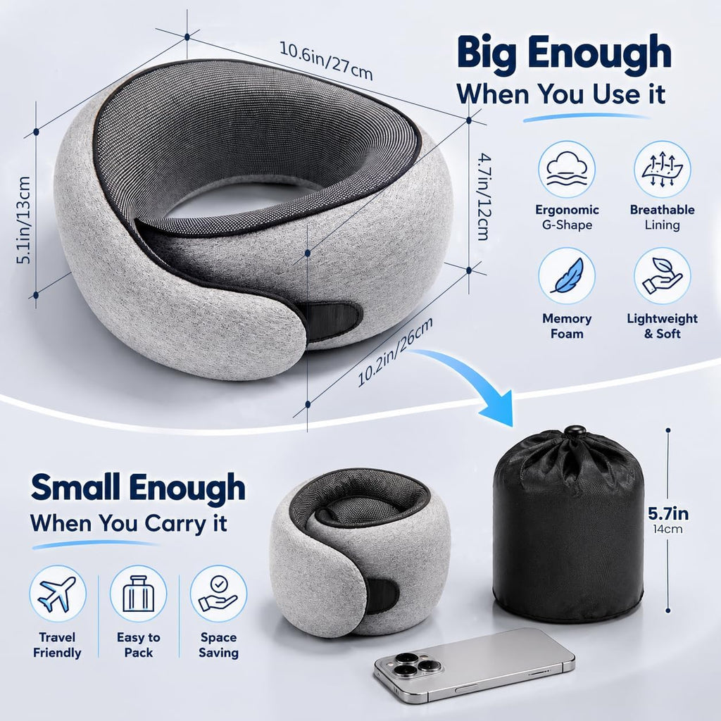 PurrochLife Purroch G-Shape Memory Foam Travel Neck Pillow - 100% Pure Foam Ergonomic Support with Eye Mask & Ear Plugs for Airplane Flight…