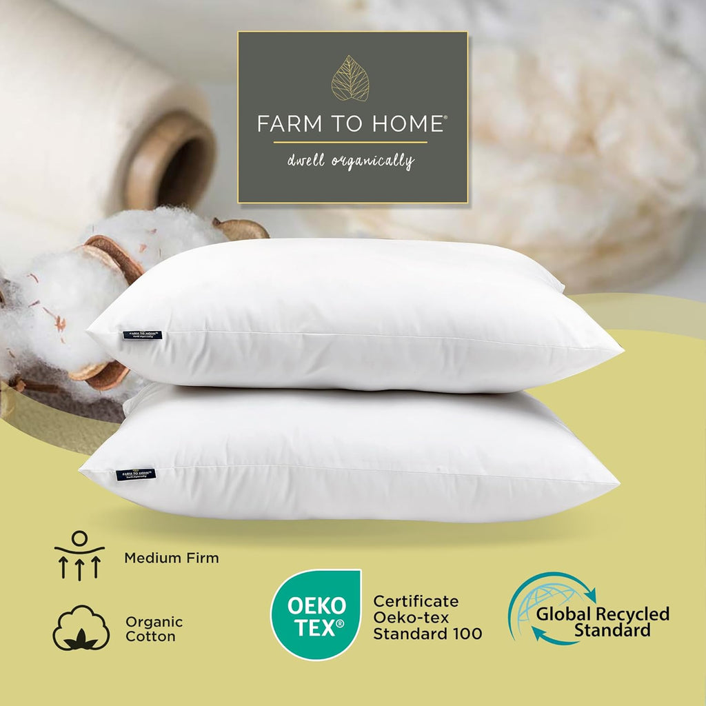 Farm To Home 100% Organic Cotton Cover Pillows Queen/Standard Size Set of 2, Down Alternative Hotel Quality Soft Bed Pillow for Back &…