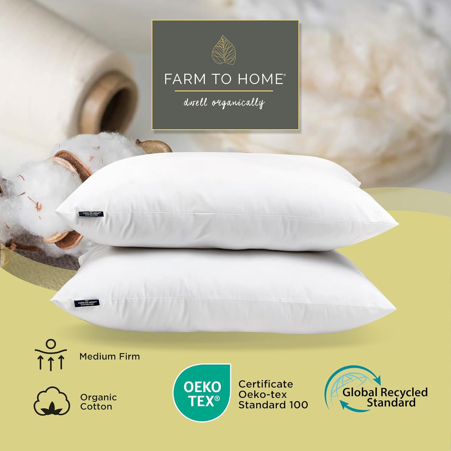 Farm To Home 100% Organic Cotton Cover Pillows Queen/Standard Size Set of 2, Down Alternative Hotel Quality Soft Bed Pillow for Back &…