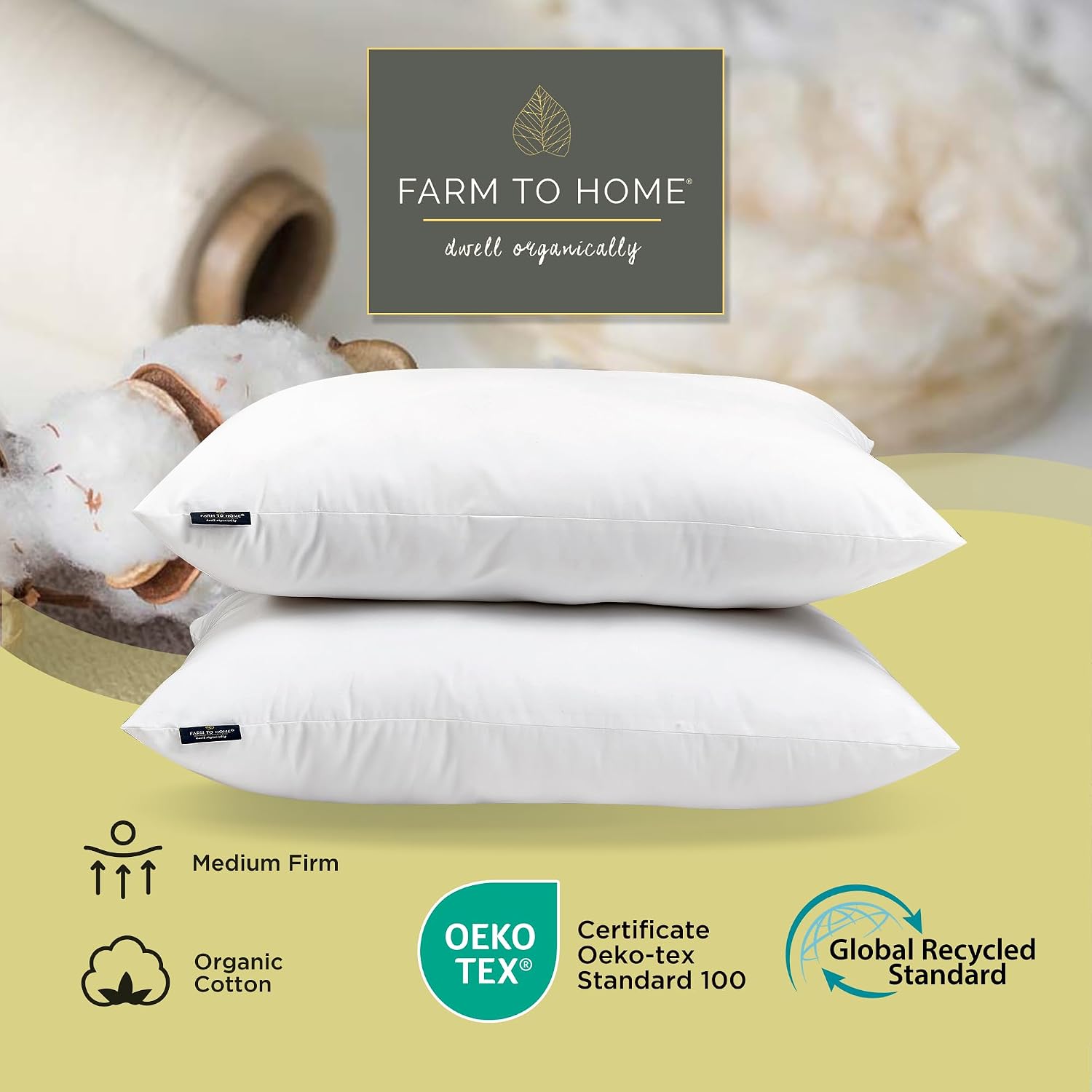 Farm To Home 100% Organic Cotton Cover Pillows King Size Set of 2, Down Alternative Hotel Quality Soft Bed Pillow for Back & Side…