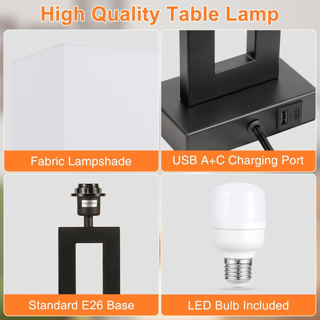 Seealle 22" Tall Living Room Lamps for Night Stands - Touch Bedside Lamp with USB C+A, 3 Way Dimmable Bedroom Lamps for End Tables Set of…