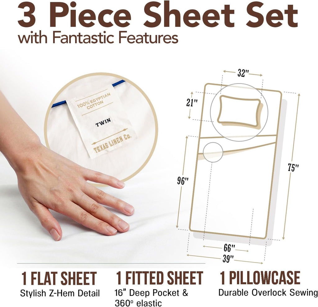 TEXAS LINEN CO. Egyptian Cotton Sheets Twin Size – 300 Series Twin Cotton Sheets Set (4 PC, White), Soft & Durable, Cooling, 16" Deep…