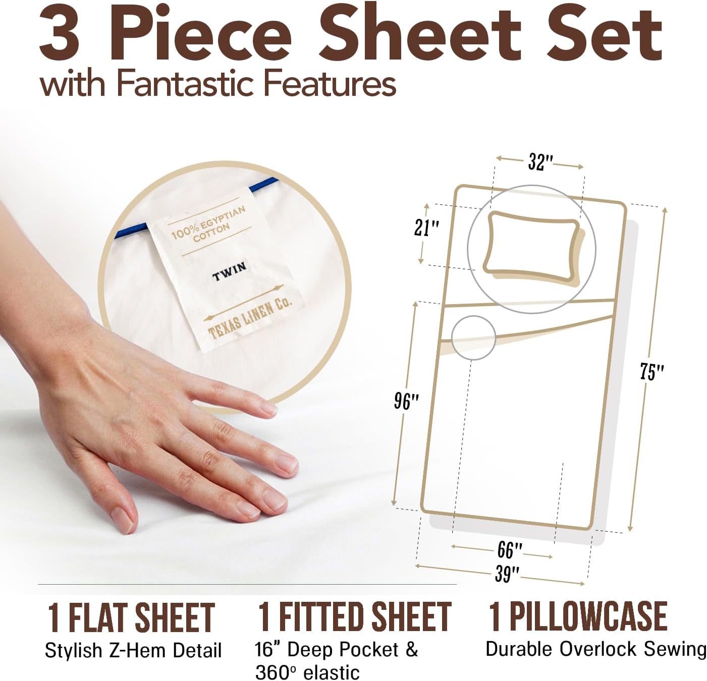 TEXAS LINEN CO. Egyptian Cotton Sheets Twin Size – 300 Series Twin Cotton Sheets Set (4 PC, Ivory), Soft & Durable, Cooling, 16" Deep…