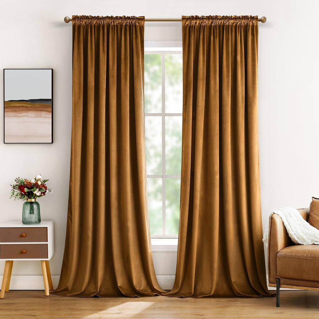 MIULEE Golden Brown Velvet Curtains Thermal Insulated Blackout Curtain Drapes for Bedroom Living Room Darkening 84 Inches Long Curtains…