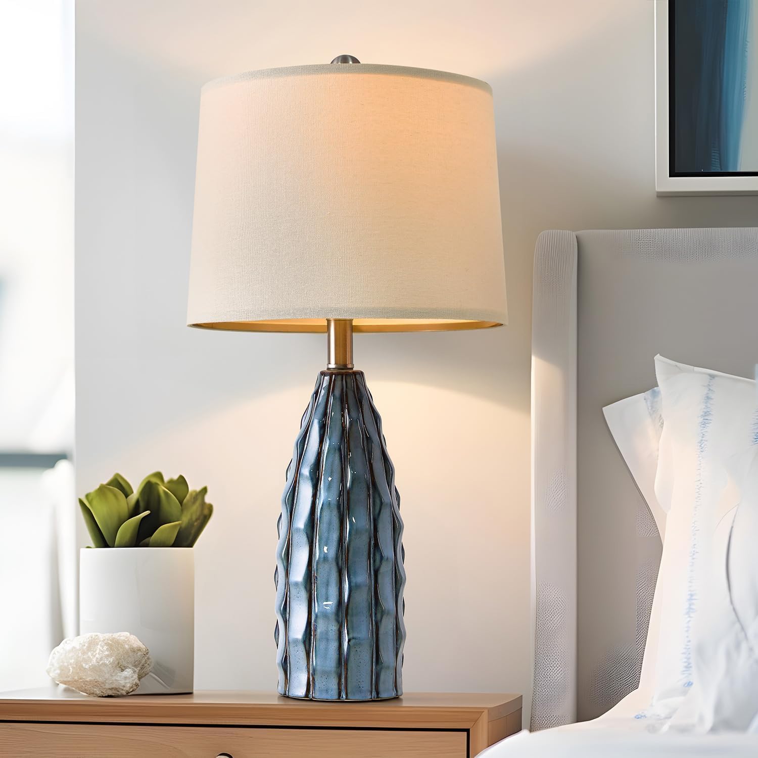 USumkky Ceramic Table Lamps Set of 2, 23.75" Modern Farmhouse Bedside Lamp - Blue Nightstand Lamps for Bedroom, Boho Living Room End…