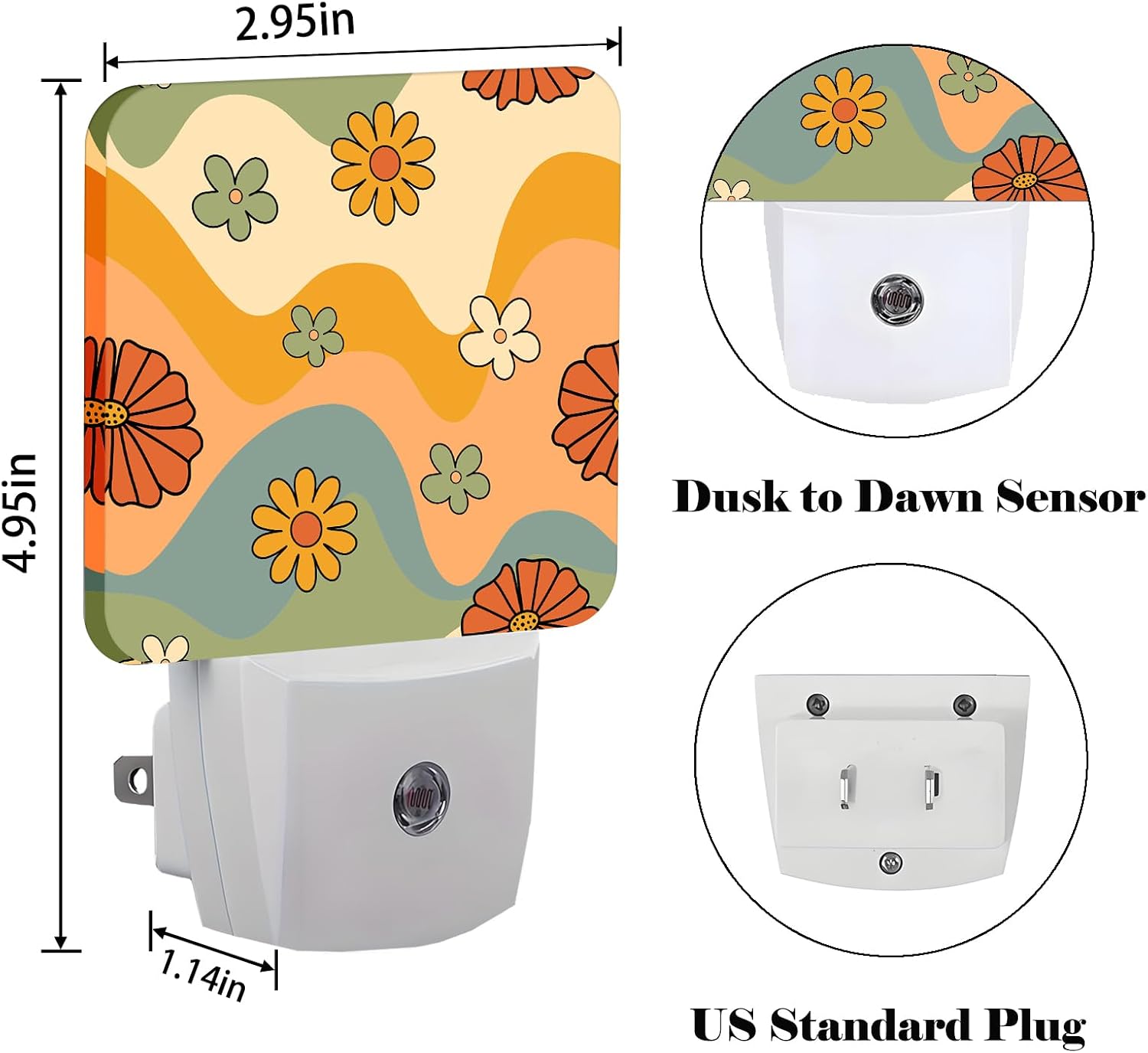 Waves and Floral Night Light, Plug Into Wall for Boys Girls Bedroom Decorative Square Night Light Lamp 0.5w Sleep Friendly