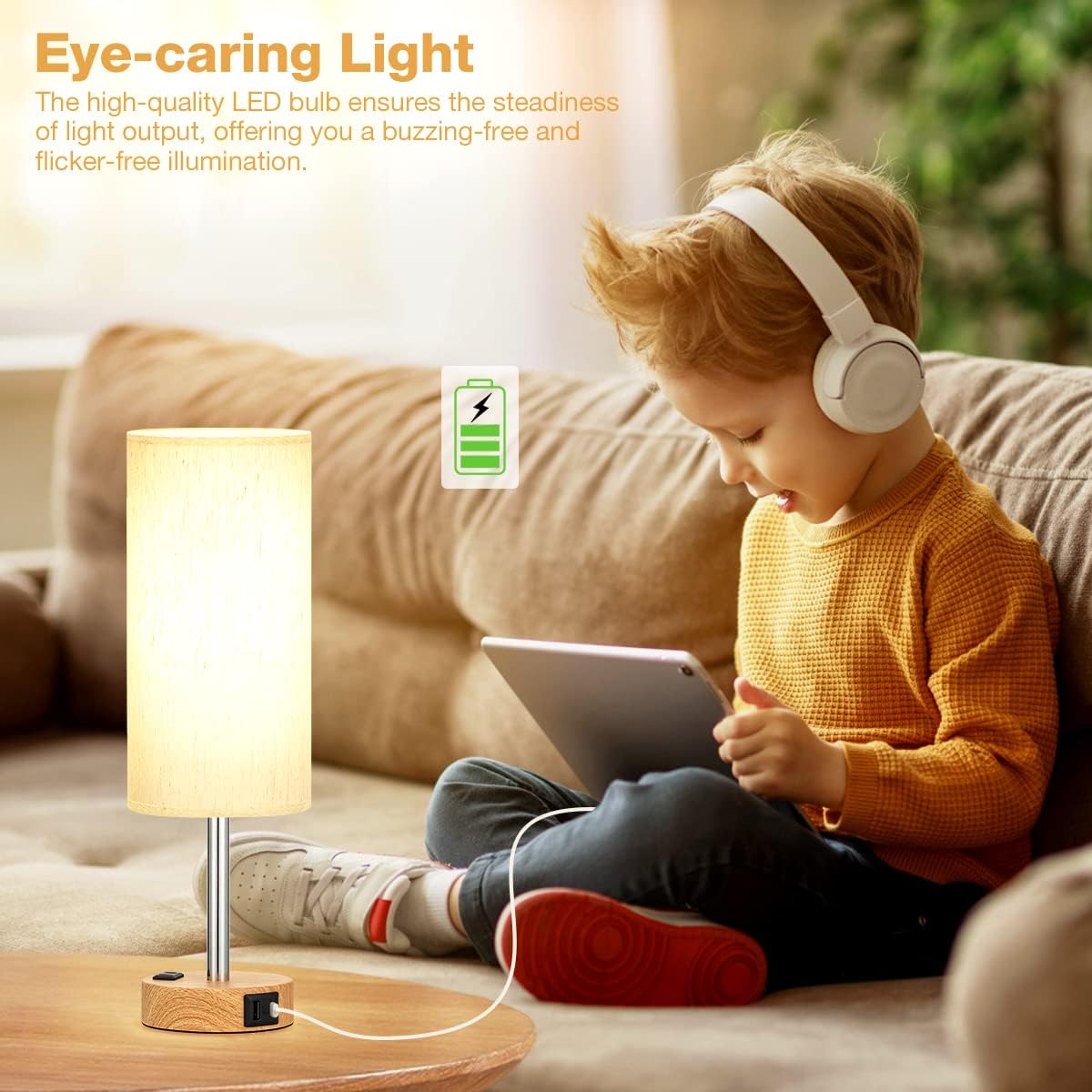 Fenmzee Bedside Table Lamp for Bedroom - 3 Way Dimmable Touch Lamp USB C Charging Ports and AC Outlet, Small Lamp Wood Base Round Flaxen…