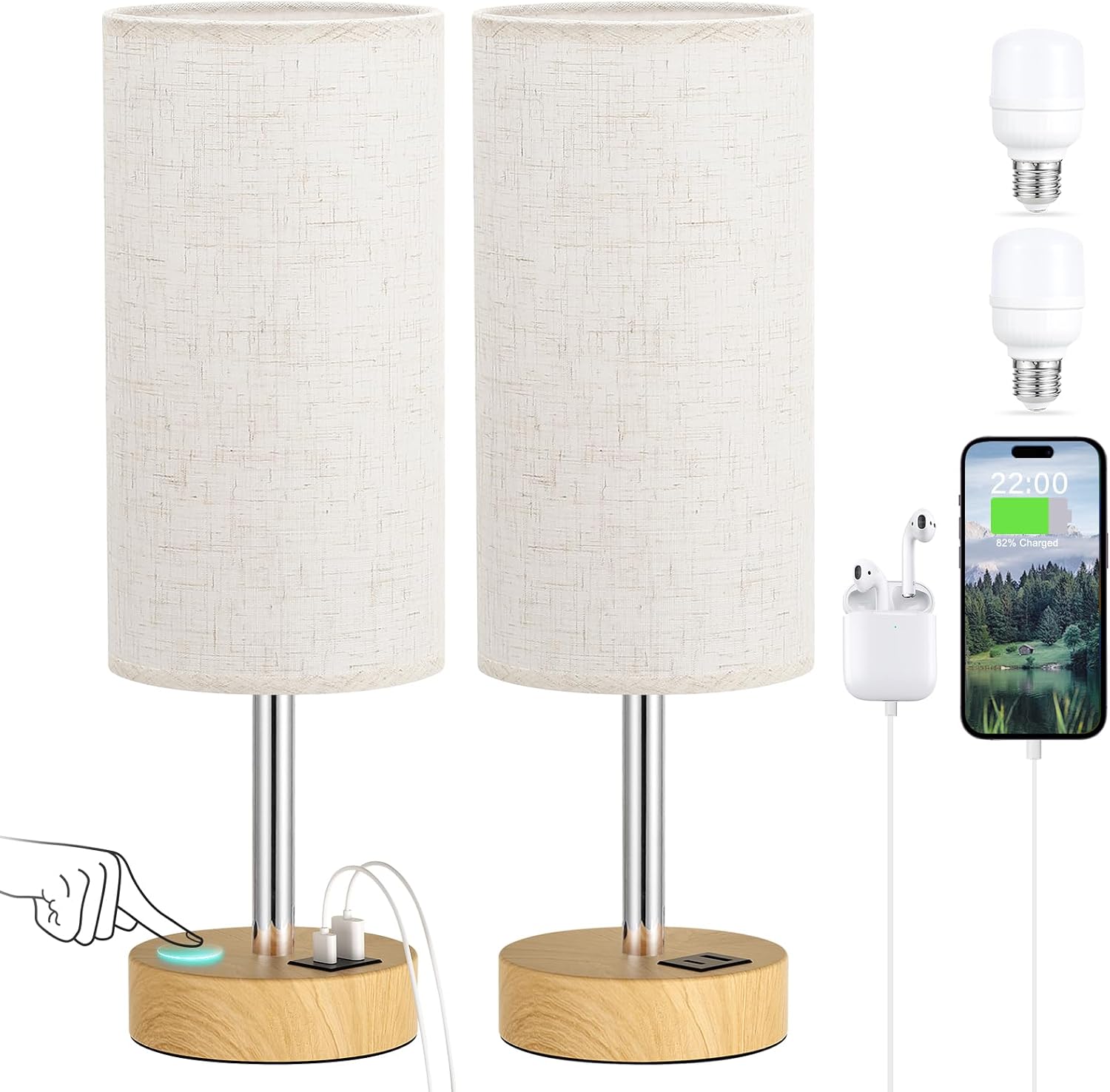Touch Bedside Lamps Set of 2 - 3 Way Dimmable Table Lamps for Bedroom, Nightstand Lamp with Wooden Charging Station for Kids Room Dorm…