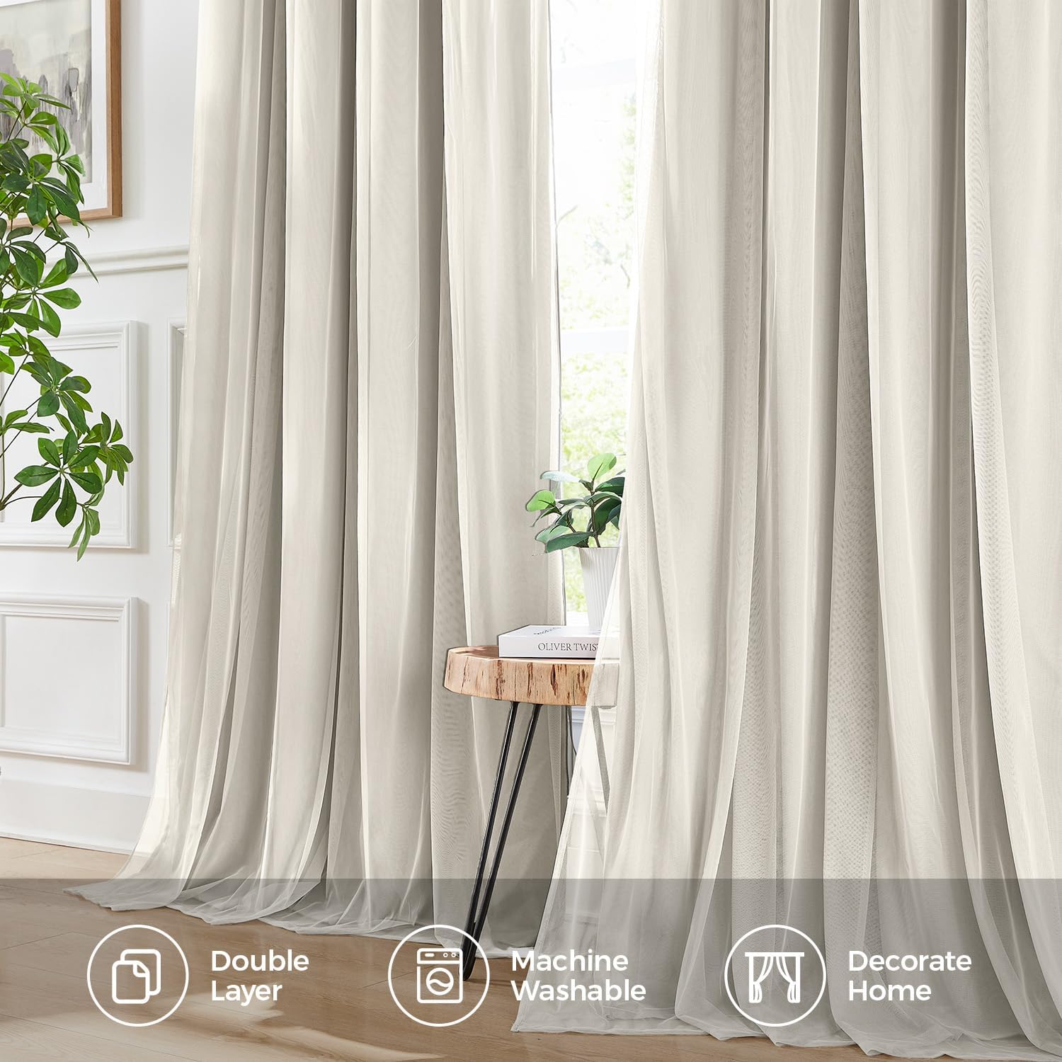 Swandream Blackout Curtains for Bedroom, Double Layer Beige Curtains, Black Out Curtain 72 inch Long with Sheer Overlay for Living Room, Ro…