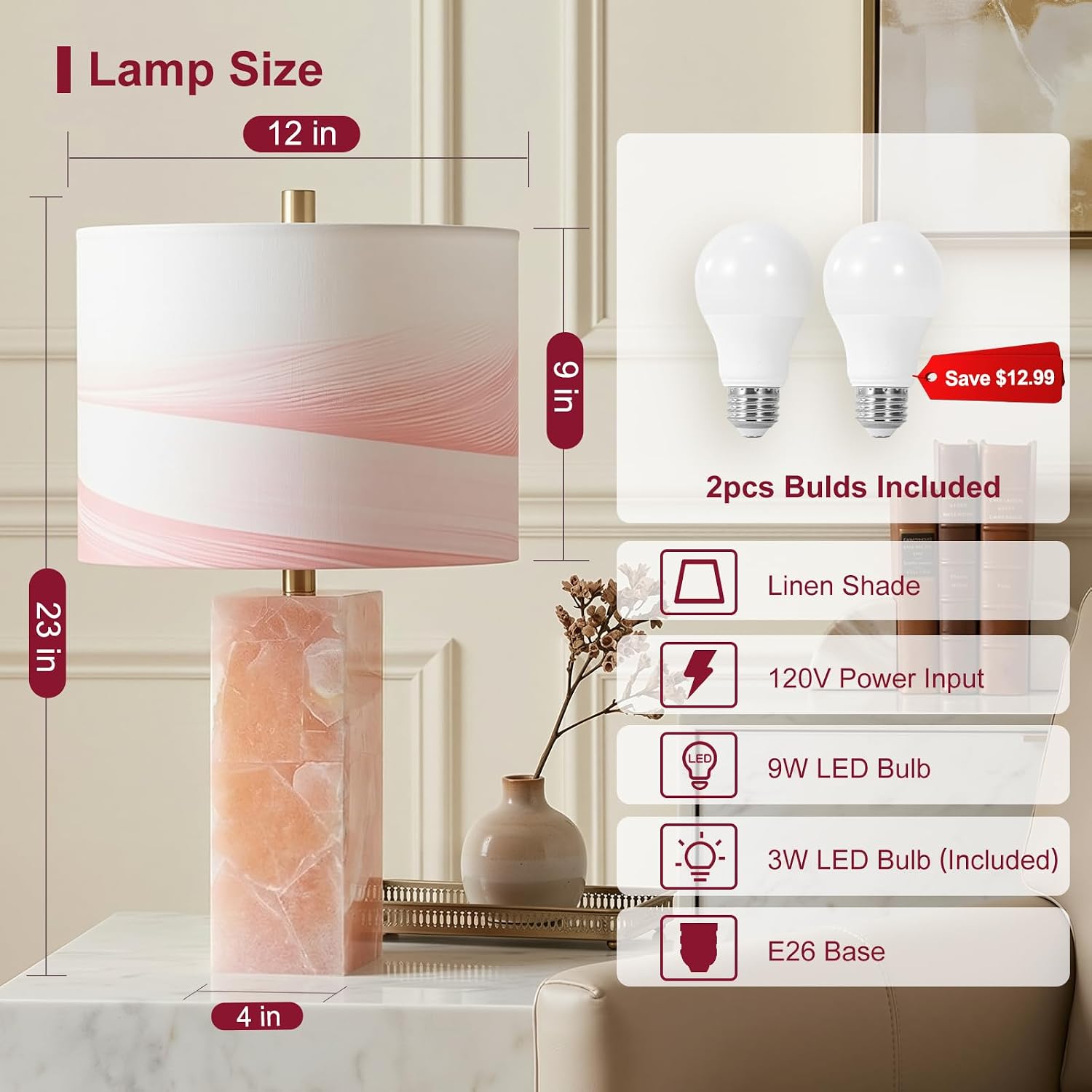 Scenekoy 23" Alabaster Table Lamp Set of 2 with Night Light for Bedroom Living Room, Rotary Switch, Pink Modern Table Lamp with Linen…