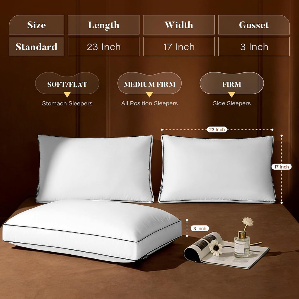 Goose Feather Down Pillows Standard Size Set of 2, Down Surrounded Hotel Collection Bed Pillow for Sleeping with Gusset, 2 Pack, Fluffy…
