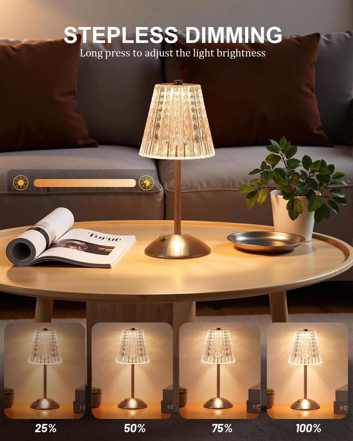 Nusogon Cordless Touch Table Lamp, LED Rechargeable Small Dask Lamp, 3 Colors Dimmable Battery Operated Crysta Lamp for Bedroom…