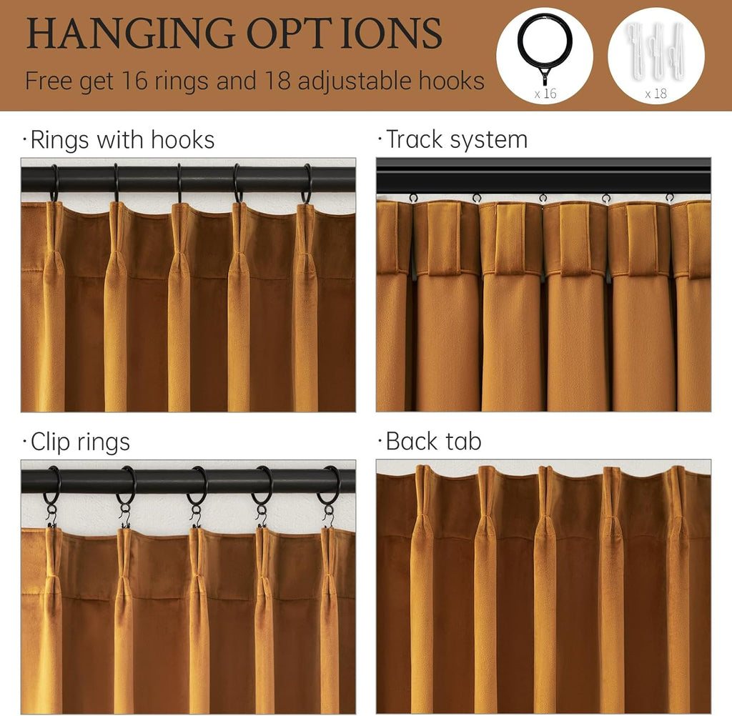 Drapenova 90 Inch Long Velvet Blackout Curtains for Living Room Bedroom Golden Brown Modern Decorative Pinch Pleated Drapes Copper S…