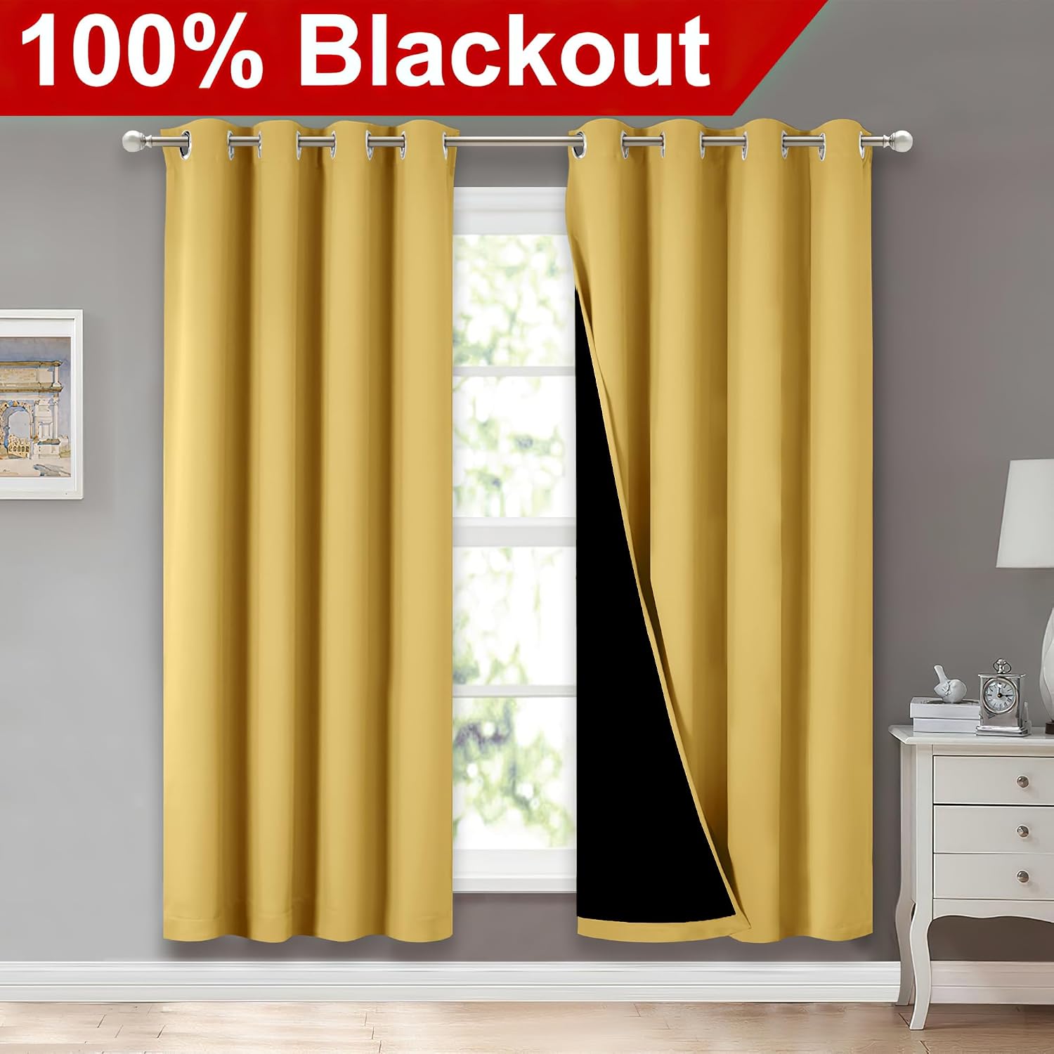 Nicetown Bright Yellow Full Shade Curtain Panels, Pair of Energy Smart & Noise Blocking Out Blackout Drapes for Dining Room Window, Thermal…