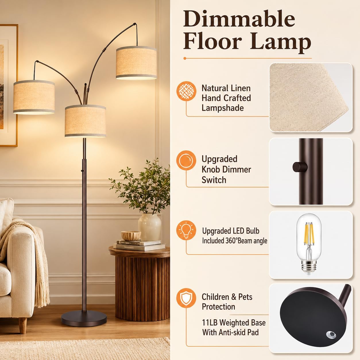 Dimmable Floor Lamp - 3 Lights Arc Floor Lamps for Living Room, 1000LM Modern Tall Standing Lamp With Beige Shades, Mid Century Tree…