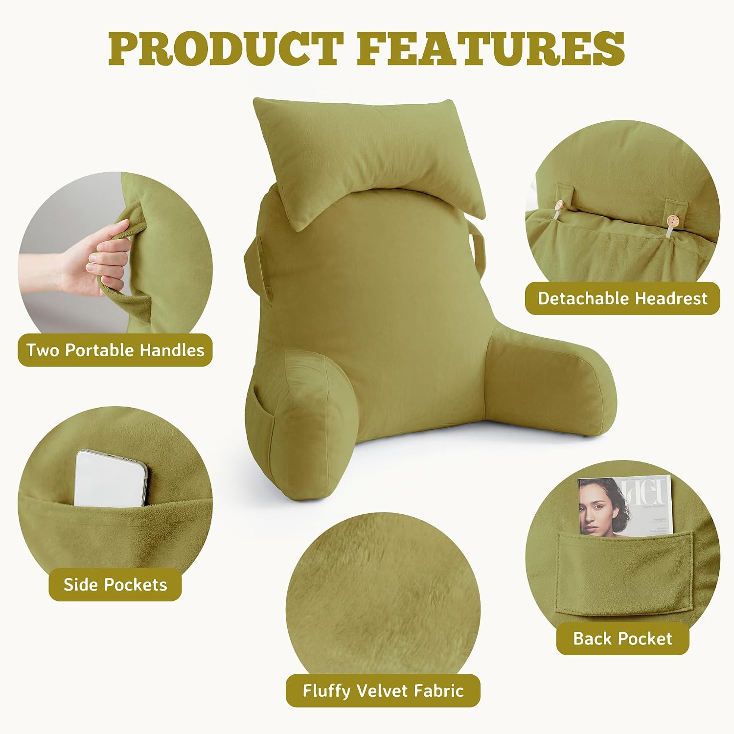 Unisakey Portable Reading Pillows with Headrest for Bed Sitting Up(Pale Green Oeko-Tex), Velvet Back Pillow with Arms & Pockets for…