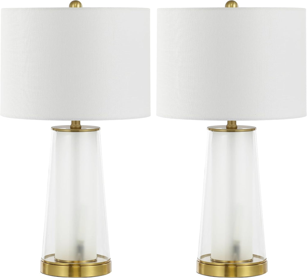 Jonathany JONATHAN Y 26" Clear/Brass Gold Nightlight Table Lamp Set of 2 for Bedroom, Modern Glass Desk Lamps with White Fabric Shade, Farm…