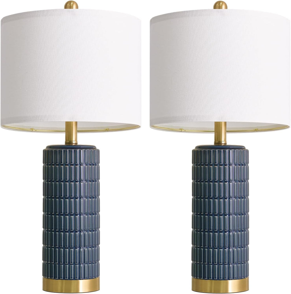PoKat 25'' Blue Table Lamps for Bedroom Living Room Set of 2, Modern Ceramic Bedside Lamps with Gold Base for Office Sideboard Entryway…