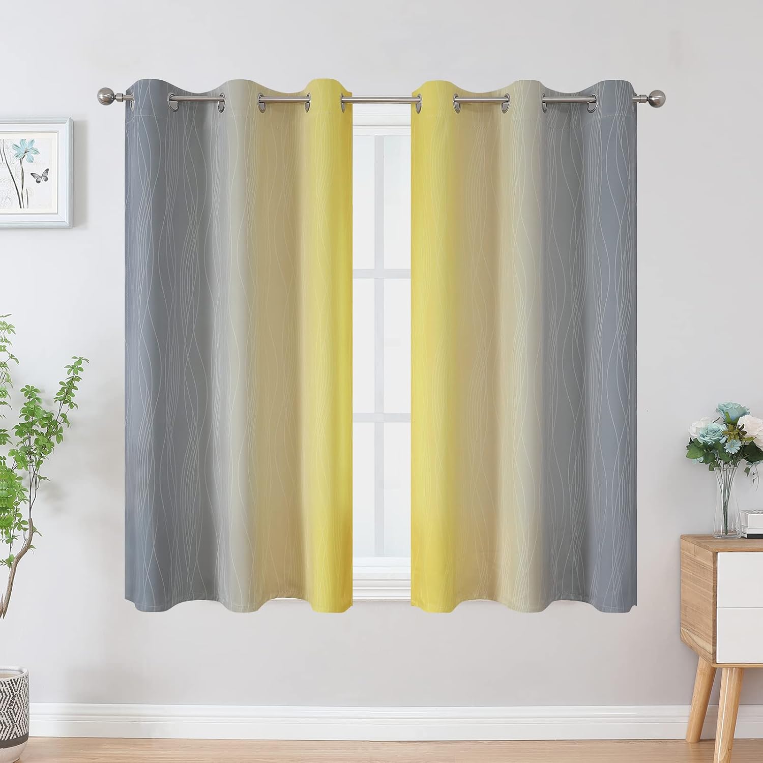 Estelartextiler Ombre Gray and Yellow Blackout Curtains 45 Inch Length 2 panels, Full Room Darkening Curtains for Kids Room, Grommet Therma…
