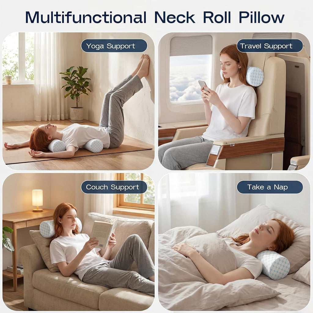 Forcanby Neck Roll Pillow for Neck - Memory Foam Neck Support Pillow for Bed | Round Neck Pillow for Sleeping, 15.7 * 6 * 6 inch (Cool-Blue…