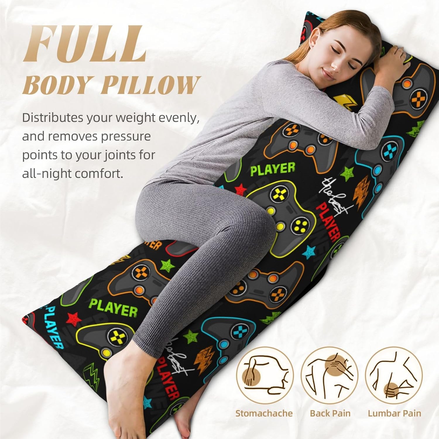 Sovvin Video Game Controller Background Body Pillow Cover Gaming Gamer Theme Long Pillow Case with Zipper Decorative Soft Cushion Be…