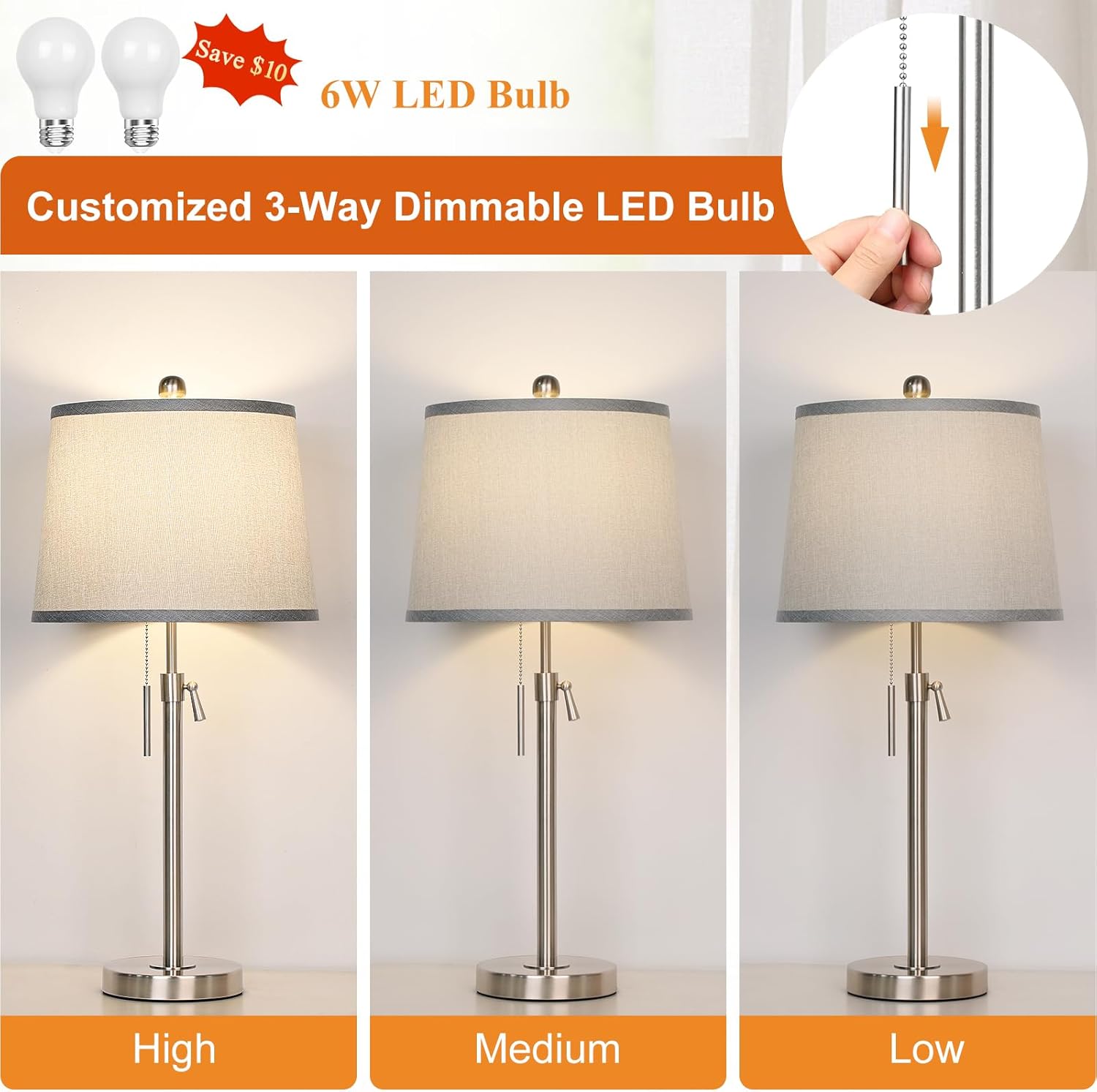 JUNNAI Table Lamps Set of 2, Bedside Lamp Silver Tall Table Lamps for Living Room End Tables, 22" to 30" Adjustable Height Lamp for…