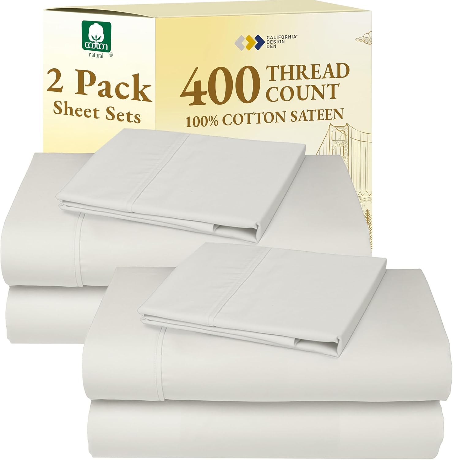 CaliforniaDesignDen California Design Den Pack of 2 Twin XL Sheet Set - 400 Thread Count Sateen 100% Cotton Twin XL Sheet Sets - Soft, Brea…