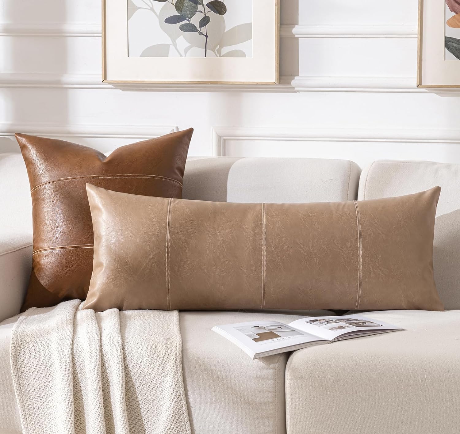 Fancy Homi Tan Long Lumbar Waterproof Faux Leather Body Decorative Throw Pillow Cover 14x36 Inch for Bedroom Couch Bed Bench, Beige Hand…
