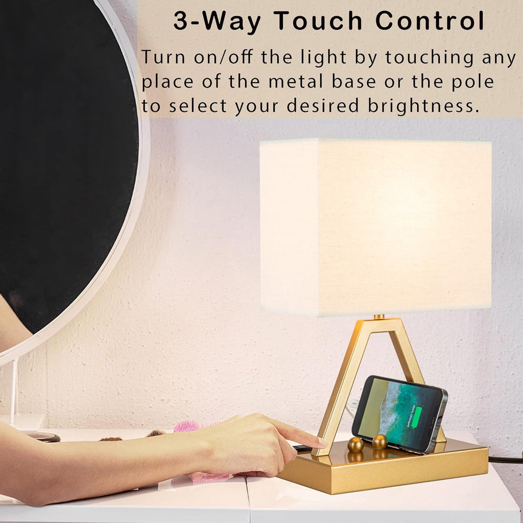 Briever Touch Control Table Lamp, 3-Way Dimmable Desk Lamp with USB C & USB A and AC Outlet, Bedside Lamp with Phone Stand and Fabric Shade…