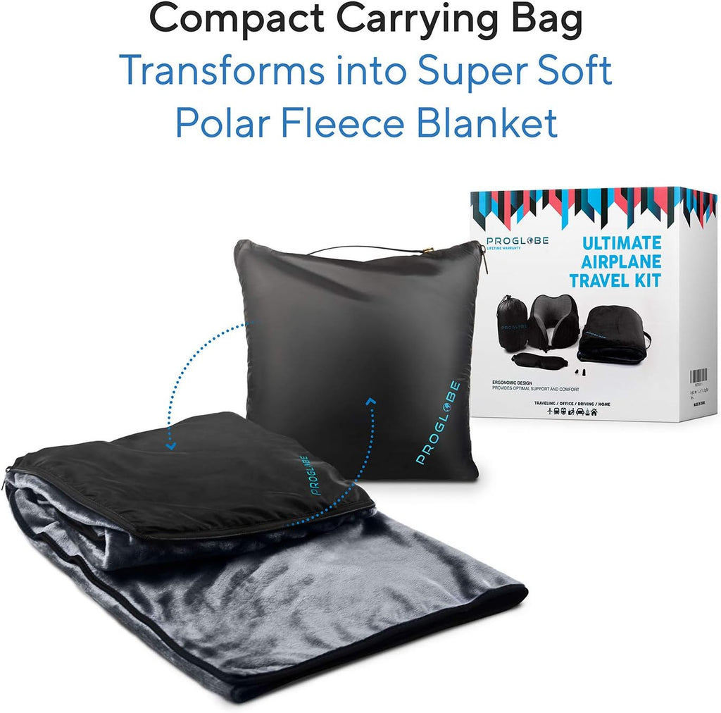 Proglobe Travel Blanket Luxury Travel Set - Ergonomic Airplane Neck Pillow 100% Pure Memory Foam and Super Soft Fleece Blanket - Premium…