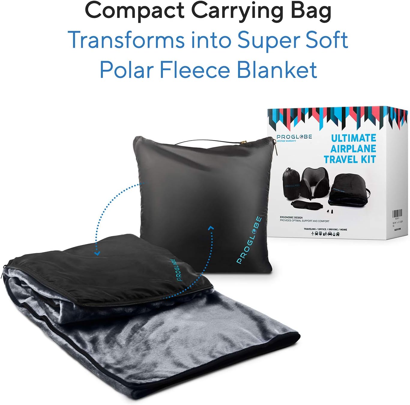 Proglobe Travel Blanket Luxury Travel Set - Ergonomic Airplane Neck Pillow 100% Pure Memory Foam and Super Soft Fleece Blanket - Premium…