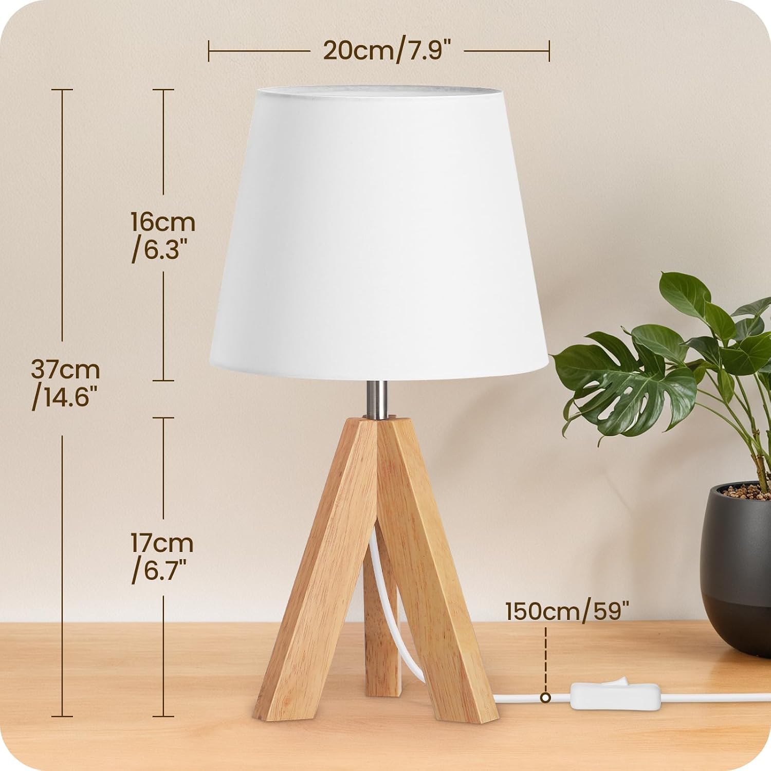 Wood Bedside Lamps Set of 2, Small Tripod Table Lamp, Modern Nightstand Lamp with Fabric Shade, Boho Bedside Wood Desk Lamp for Bedroom…