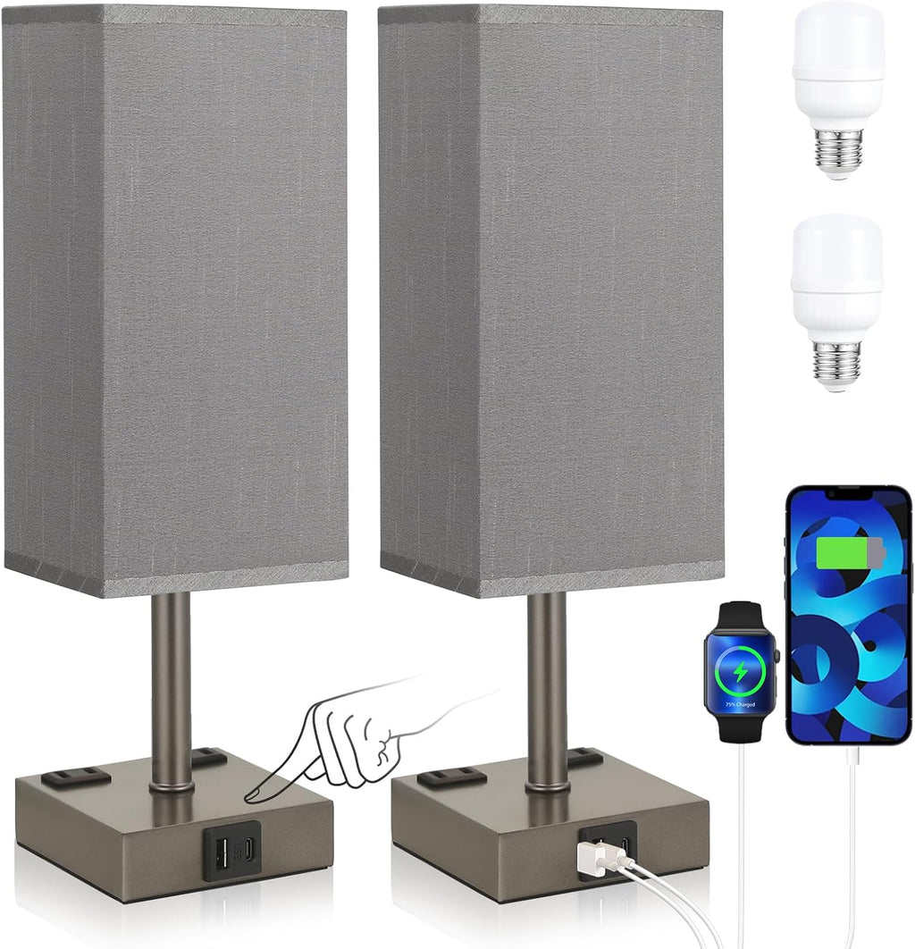 aooshine Dark Grey Touch Lamps Set of 2 - Nightstand Lamp with USB-C + A Charge Ports & AC Outlets, 3-Way Dimmable Bedside Lamp, Small…