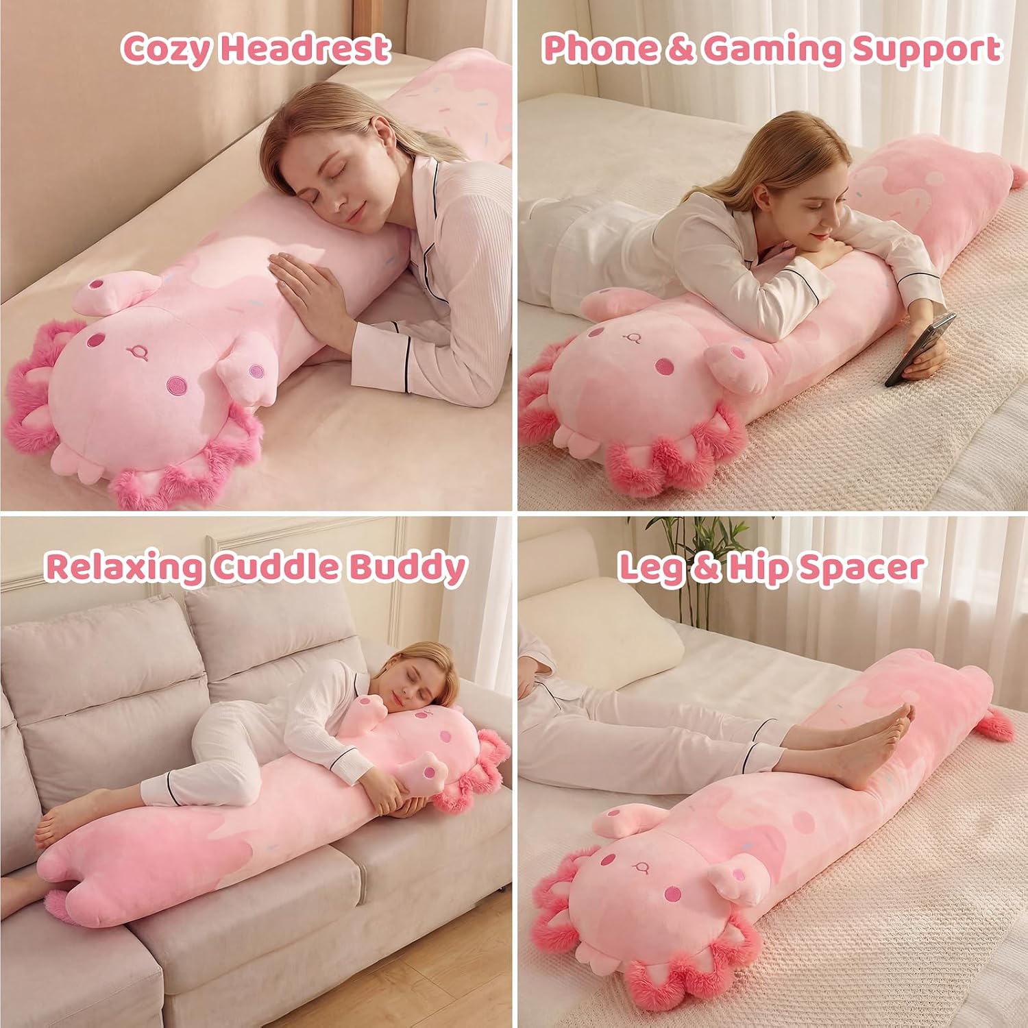Mewaii Long Axolotl Plush 5 Sizes, 120% Extra Filling Giant Plushness Kids Body Pillow, Kawaii Cute Pink Axolotl Stuffed Animals…