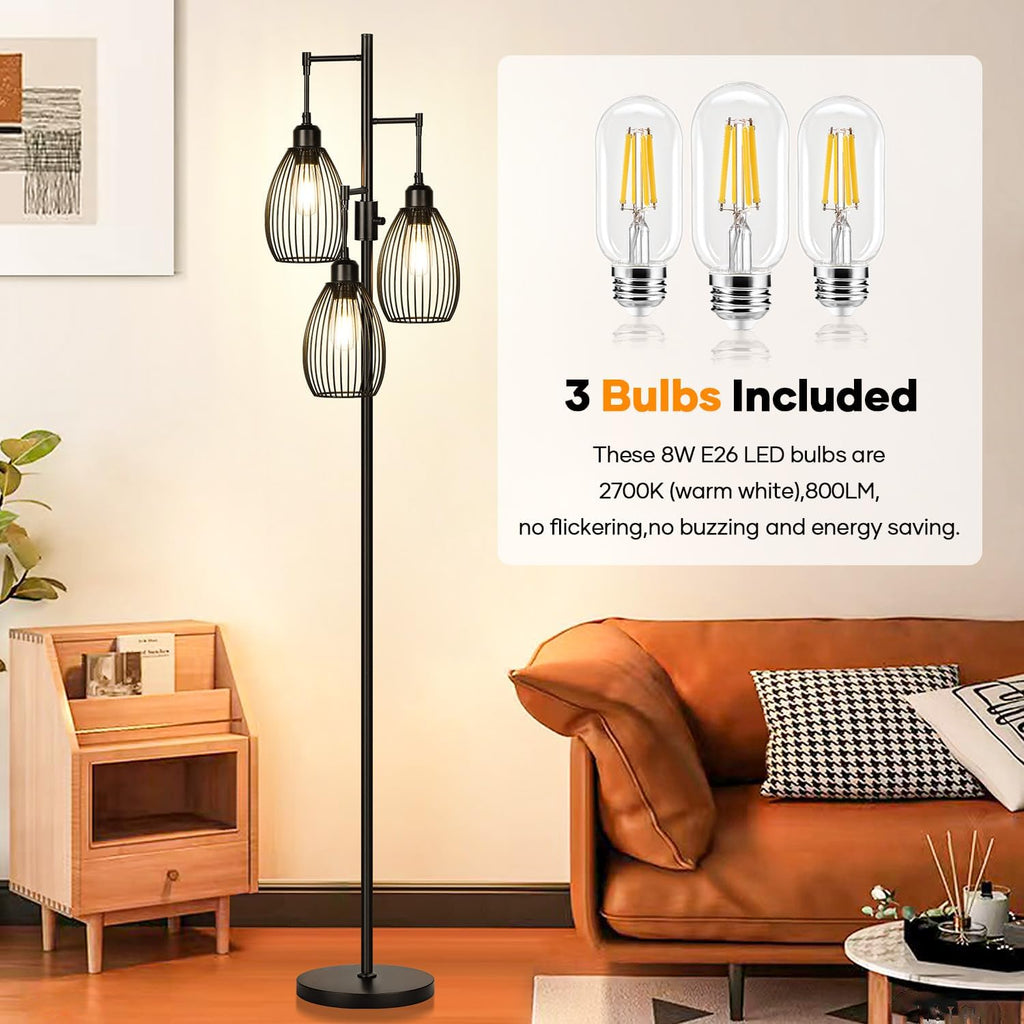 Dimmable Floor Lamp, 3 x 800LM LED Edison Bulbs Included, Farmhouse Industrial Floor Lamp Standing Tree Lamp with Elegant Teardrop Cage…