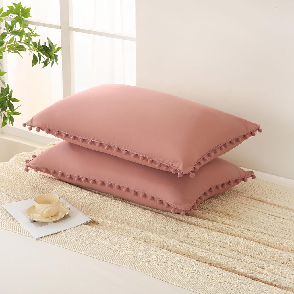 Moveover Bean Paste Pink Pom Poms Pillow Cases, Boho Pillowcases Set of 2, 100% Soft Washed Microfiber, Pink Pillow Shams King, 2 Pack (Kin…