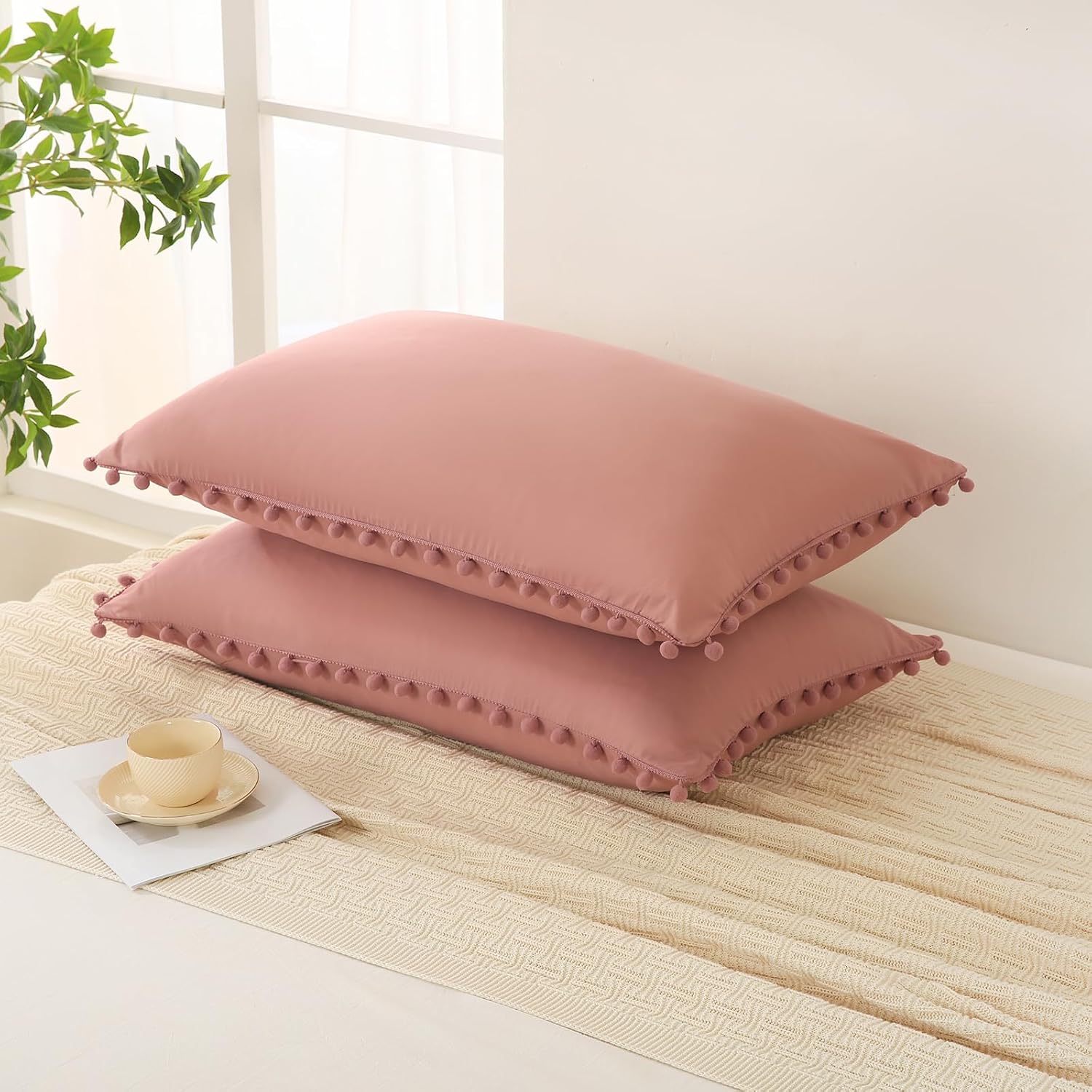 Moveover Bean Paste Pink Pom Poms Pillow Cases, Boho Pillowcases Set of 2, 100% Soft Washed Microfiber, Pink Pillow Shams King, 2 Pack (Kin…